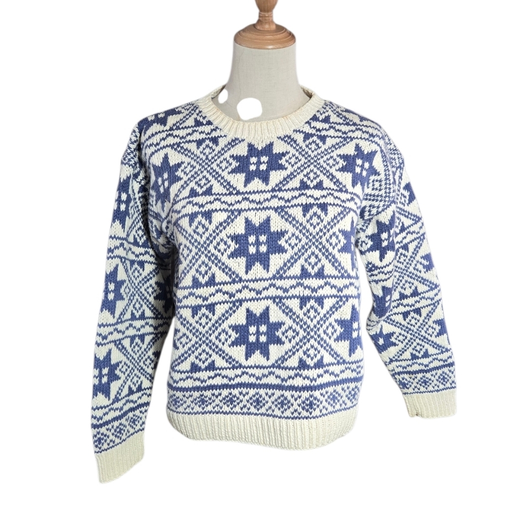 L.L. Bean Cream and Blue Knit Ski Sweater